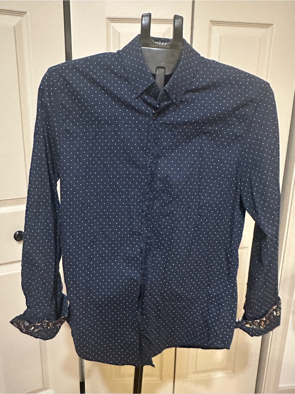 Denim & Flower Navy Blue Button-Down with White Dot Print
